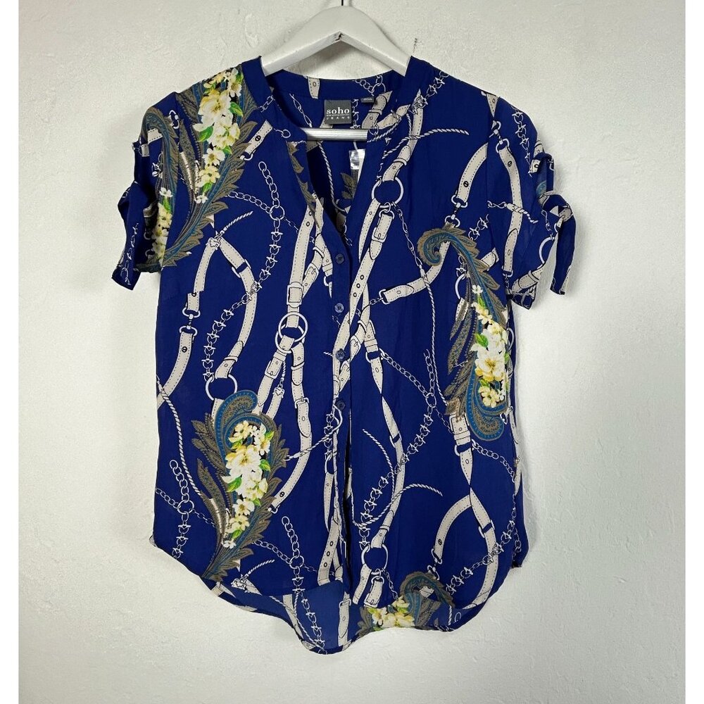 Soho New York & Co. Jeans Womens Blue Chain Print Button-Up Shirt Medium New
